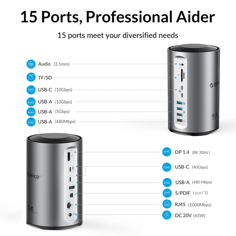 ORICO USB4 Type C Docking Station for MacBook Pro M1 M2 USB 3.0 HUB 8K HDMI-compatible DP RJ45 Audio With Power Adapter
