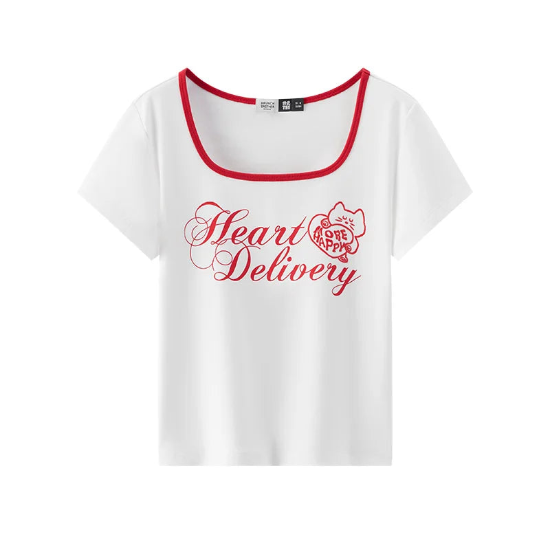 Women Tshirt Color Block Square Neck Short Length Casual Fashion 2026 Summer Sweet Stylish Daily Comfort Wear Top