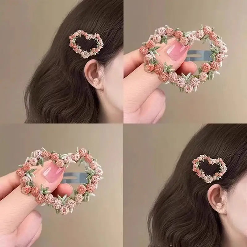 Sweet Pink Lace Flower BB Hair Clip Women Side Bangs Barrettes Elegant Hairpin for Half Updo Hairstyle Hair Accessories
