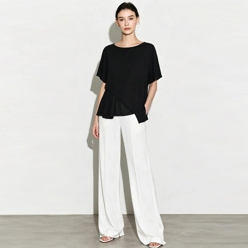 Amii Women's Chiffon Blouse 2026 Summer New O-Neck Asymmetric Patchwork Dolman Sleeve Top Loose Fit Office Casual Shirt 12622212
