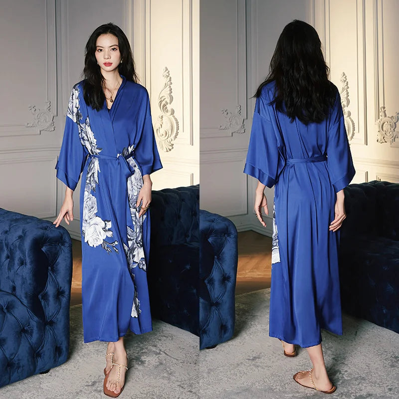 Women Ice Silk Rayon Home Dress Black Print Flower Long Robe Nightgown Spring Summer Half Sleeve Kimono Bathrobe Gown
