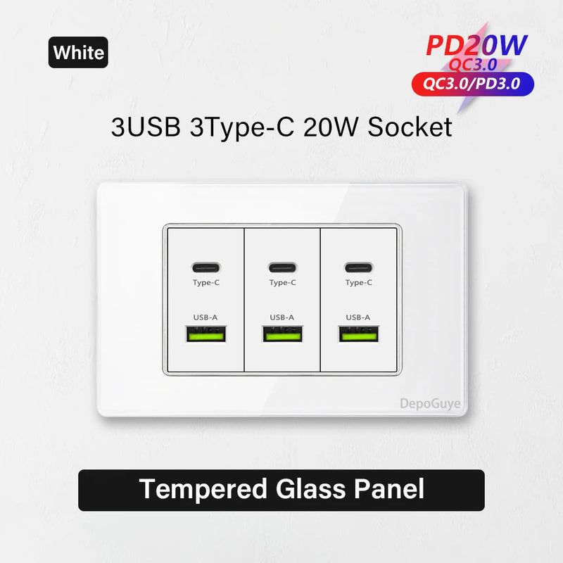 Type 118 White Black Grey Tempered Glass Wall Socket Panel 6 Charging port Triple USB Type C Wall Plug 3.1A 5V Outlet 118*75mm