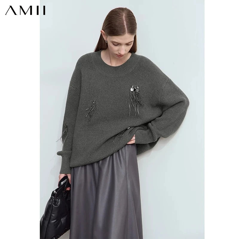 Amii Crew Neck Feather Bead Piece Nailed Diamond Sweater 2026 Winter Womens Clothing Loose Shoulder Sleeve Commuter Top 12444252