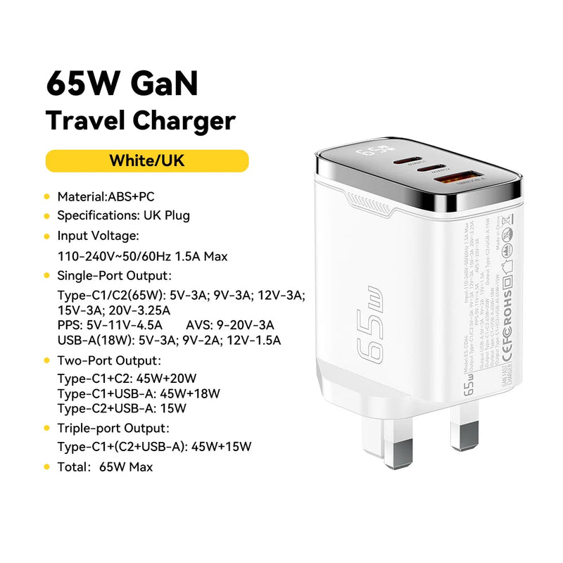 ឆ្នាំងសាក Essager 65W GaN USB Type C អេក្រង់ឌីជីថល QC 4.0 PD 3.2 PPS 45W សាកលឿនសម្រាប់ Samsung Huawei IPhone17 កុំព្យូទ័រយួរដៃ MacBook