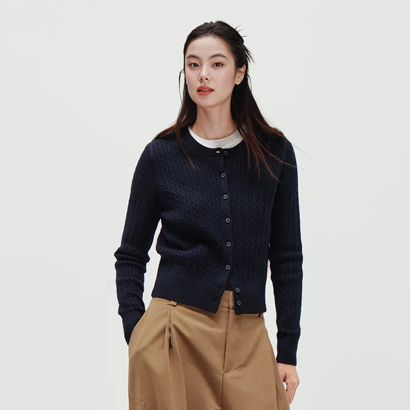 Semir Chic Cardigan Women 2026 Spring Short Cable Knit Crew Neck New Year Style Casual Comfortable Fashion Knitwear Top