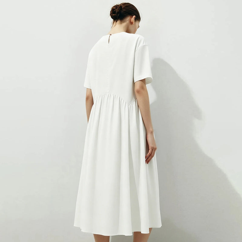 Amii 100% Cotton Midi Dress 2026 Summer New Round Neck Drop Shoulder Short Sleeve Simple Office Casual Dress For Women 12642119