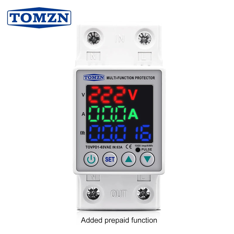 TOMZN 63A 230V DIN Rail Adjustable Over Under Voltage Protective Device Protector Relay with Current Protection Energy Meter