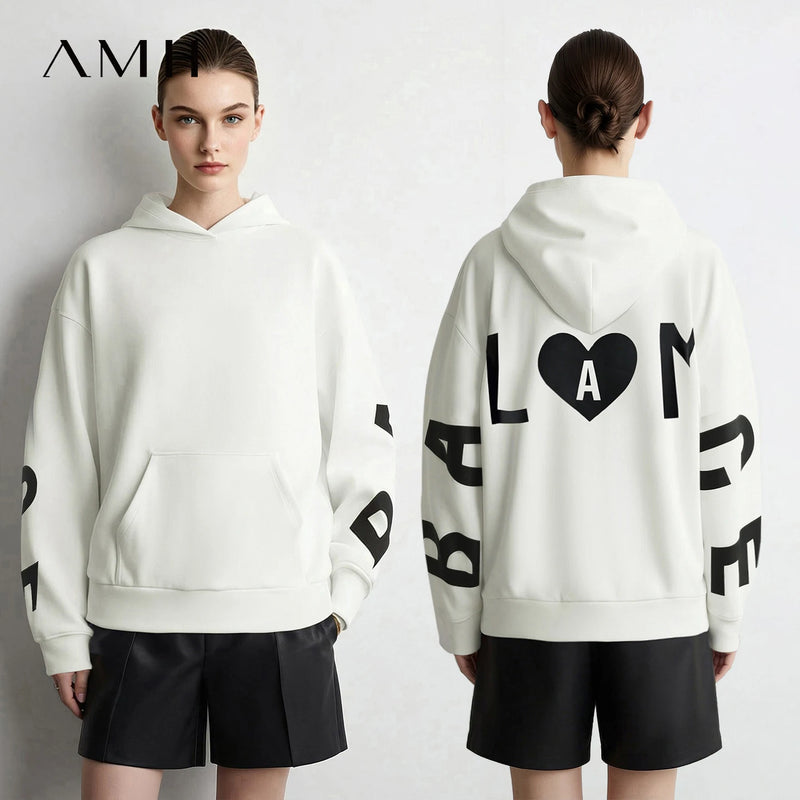 Amii Women's Hooded Letter Print Sweatshirt Loose Drop Shoulder Casual Pullover Autumn 2026 Knit Tops for Women 12643092