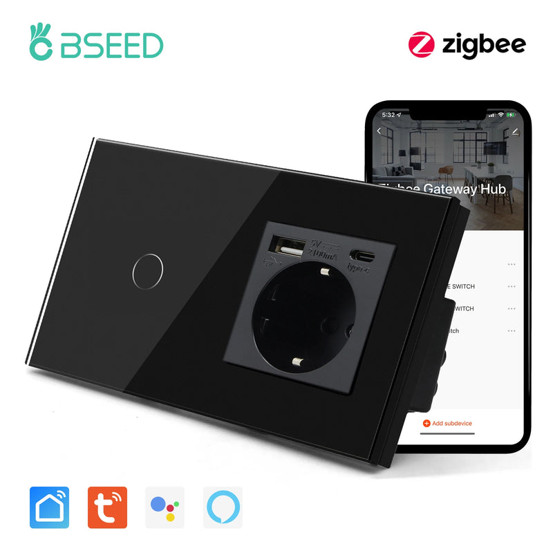 BSEED Zigbee Switch 1/2/3Gang Smart Sensor Switch Tuya Smart Life Control No Neutral Line With Normal EU Wall Socket