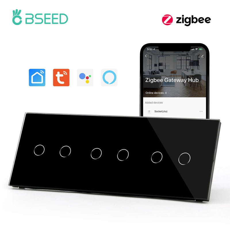 BSEED Zigbee Touch Switch 1/2/3Gang 1/2/3Way Smart Touch Light Switch Support Tuya Smart Life Alexa Control With No Neutral Line