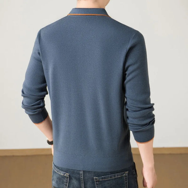 Men's Turn Down Collar T-Shirt, Soft Knit Fabric, Two Color Panel Design, Long Sleeve for Autumn and Winter Wear Polo Sweater