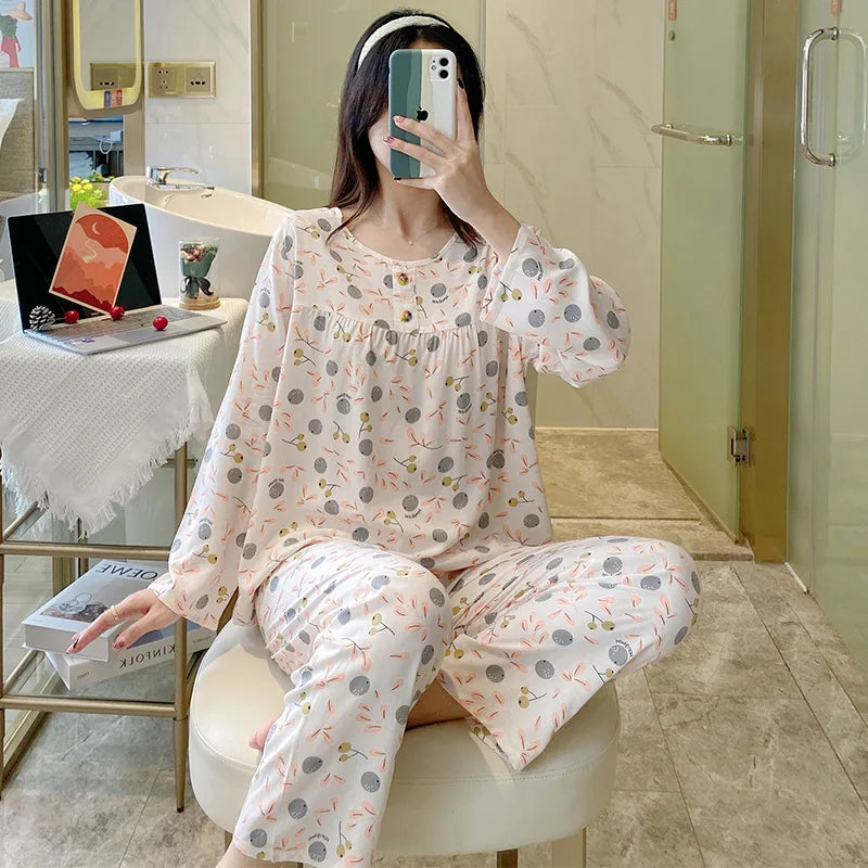 Cotton Rayon Pijamas Set For Women New Printed Spring Autumn Pajamas Female Loungewear Large Size Sleepwear пижама женская