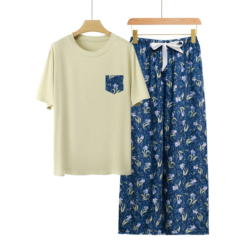 Fashion Printed Short Sleeve Straight Pants Set New Modal Comfort Woman Pajamas Loose Women's Home Clothes Spring Summer Pijama