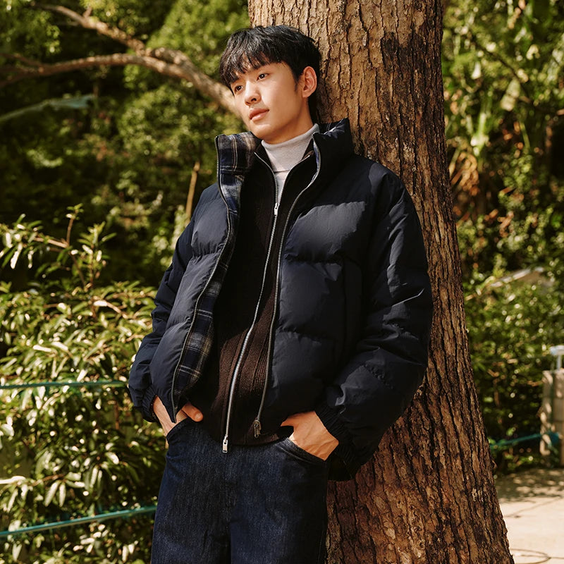 Semir Reversible Down Coat Vintage Plaid Stand Collar Men 2026 Winter 80 Fill Power Casual Stylish Warm Functional Outerwear