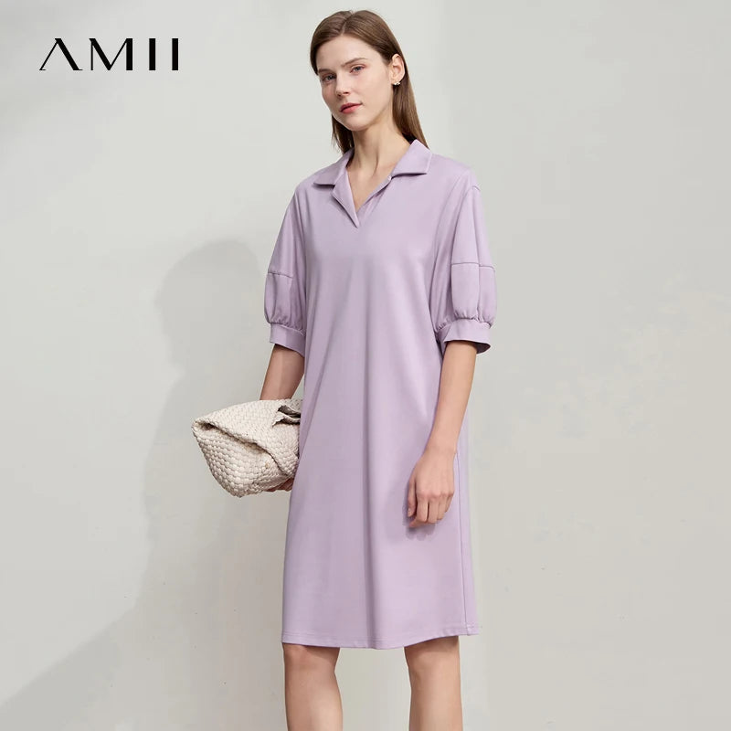 Amii Women Minimalism Summer Casual Dress 2026 New Solid Color Loose Lantern Sleeve V Neck Knit Stretch Comfort Dressse 12542165