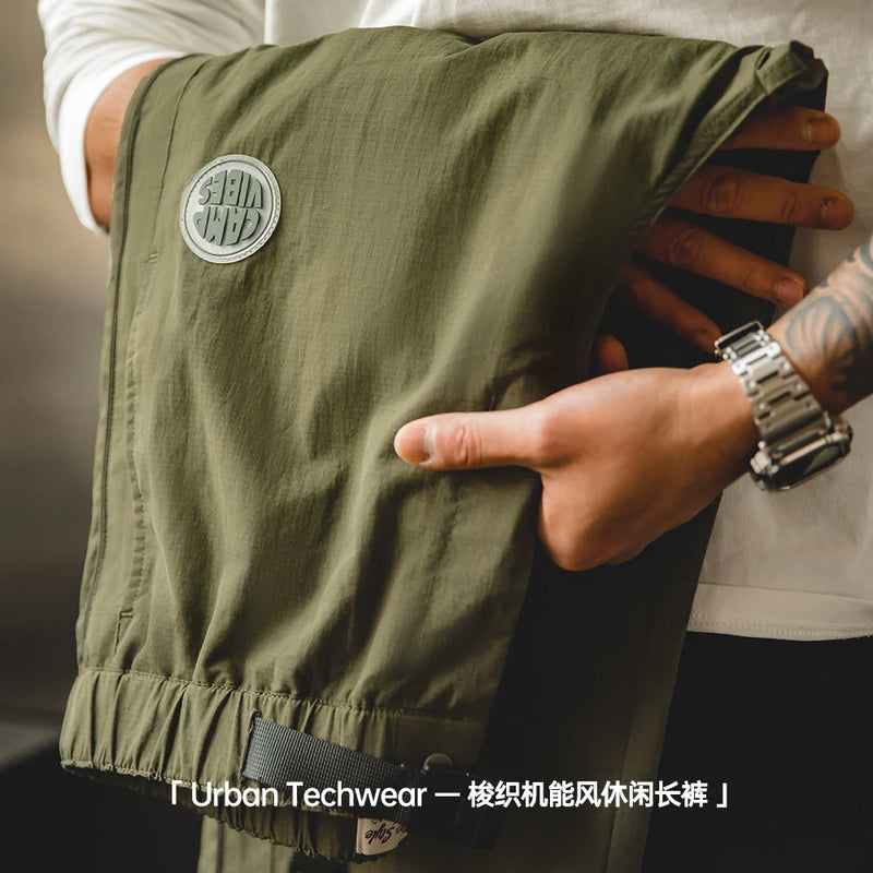 Maden Men's Drawstring Straight Tactical Pants Outdoor Green Casual Cargo Pants Wide Trousers Stylish Techwear