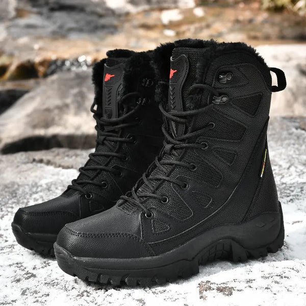 Men Women's High-Top Cotton Boots Winter Warm Plush Casual Snow Hiking Boots Outdoor Forest Protection Tactical Training Boots
