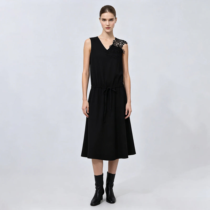 Amii Dress Woman 2026 Summer New V-Neck Drawstring Waist Sleeveless Lace Trim Elegant Office Casual Midi Women's Dress 12642209