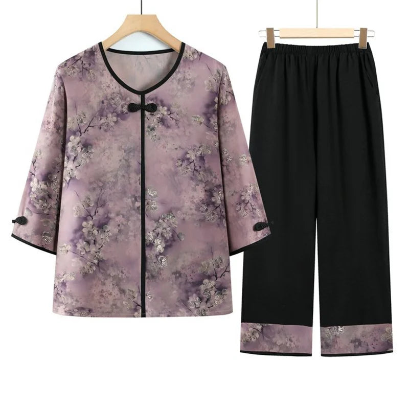 ឈុតគេងកប្បាសប៉ាក់ទំហំ XL-5XL សម្រាប់ស្ត្រីបោះពុម្ពបែបបុរាណ សម្លៀកបំពាក់ម្តាយវ័យកណ្តាល រដូវផ្ការីក រដូវស្លឹកឈើជ្រុះ ធម្មតា សម្រាប់គេងនៅផ្ទះ ឈុតពីរដុំ