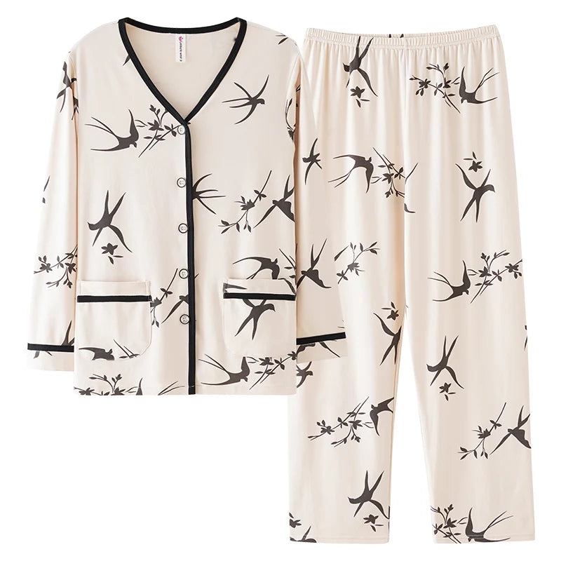 Spring Autumn O-Neck Pyjamas Female Pajamas Sets Elegant Floral Japanese Kimonos For Women Big Yards M-3XL Cotton Home Clothes