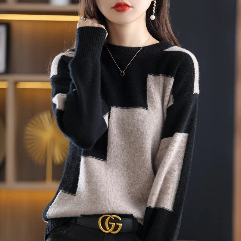 New Autumn Winter Knitwear Top Korean Loose Bottom Contrast Color Sweater For Women Suéteres Long Sleeve Pullovers свитер