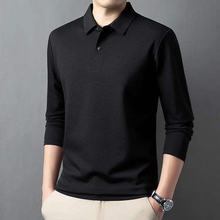 Premium Silk & Wool Blend Polo Shirt - Soft Winter Fleece Lining Luxury Business Casual Wear