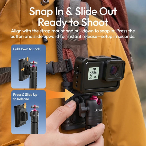 ជើងទ្រ Ulanzi MT55 SnapGo Mini Selfie Stick ជើងទ្រជាមួយ 1/4" ម៉ោន 360° ក្បាលបាល់ របៀប Mantis សម្រាប់កាមេរ៉ាសកម្មភាព ទូរស័ព្ទ Vlog ពន្លឺ