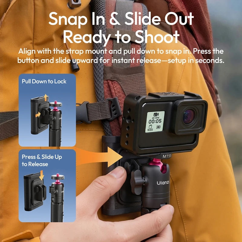 ជើងទ្រ Ulanzi MT55 SnapGo Mini Selfie Stick ជើងទ្រជាមួយ 1/4" ម៉ោន 360° ក្បាលបាល់ របៀប Mantis សម្រាប់កាមេរ៉ាសកម្មភាព ទូរស័ព្ទ Vlog ពន្លឺ