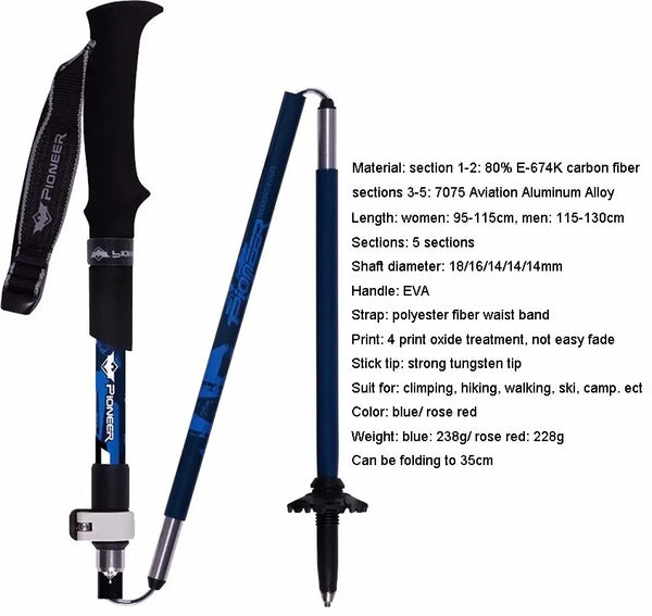 PIONEER 2pcs Carbon Fiber Folding Trekking Poles Ultralight Adjustable Collapsible Travel Hiking Nordic Walking Sticks XDL007