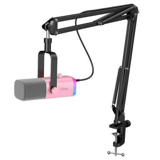 FIFINE Gaming USB/XLR Dynamic Microphone Kit with Gain Knob/RGB/Monitor,Boom Arm Mic Set for PC PS5/4 Mixer-AmpliGame Pink AM8TP