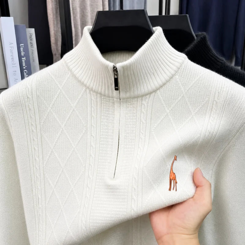 Designer Style Men's Long-Sleeved Knitwear Mock Neck Zipper Giraffe Embroidery Autumn Winter New Pullover Leisure Men's Clothing