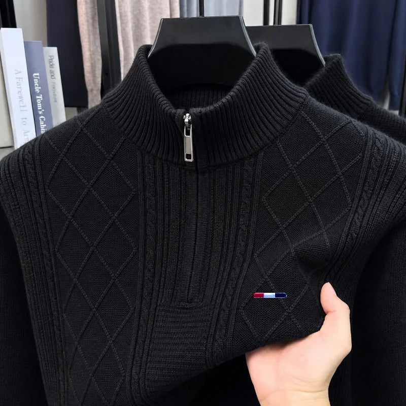 Fashion Man Long-Sleeved Knitwear Mock Neck Zipper Striped Embroidery Diamond Pattern Autumn Winter New Leisure VersatileSweater