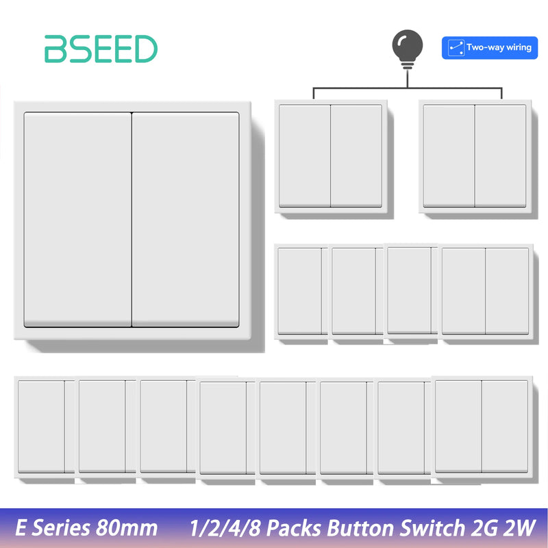 BSEED E Series 1/2/4/8 Packs 2Gang 2Way Button Light Switch Wall Light Switch On Off For Stairs Plastic Frame Bulk Set