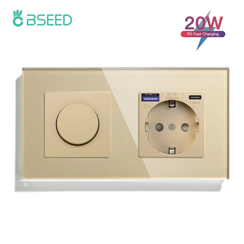 BSEED Mechanical Dimmer Light Switch Plus EU Socket USB Type-C Port Power Outlet Led Dimmable Switch Glass Frame 10A