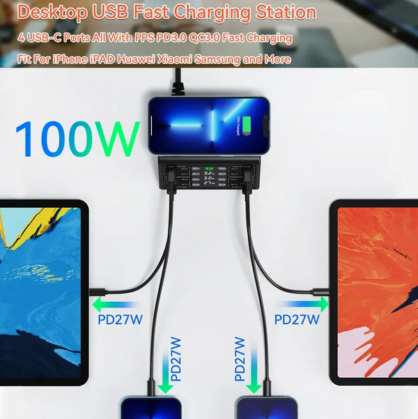 ឆ្នាំងសាកឥតខ្សែ 100W QC PD3.0 USB ឆ្នាំងសាកឥតខ្សែ សាកលឿន 8 រន្ធ ឆ្នាំងសាកលឿន សម្រាប់ iPhone 12 13 Xiaomi