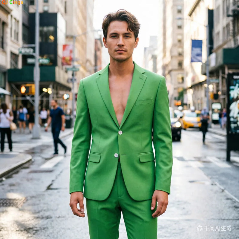2026 Summer Green Men's Cotton-Linen Two-Piece Suit, Perfect for The Office, Parties, and Weddings. Available in Red,Yellow,Blue