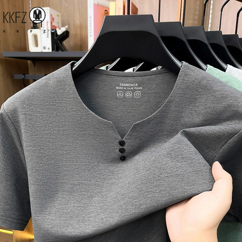 Mens Soft Breathable V Neck Tee With Henley Button Design Comfortable For All Seasons Daily And Casual Wear Activities