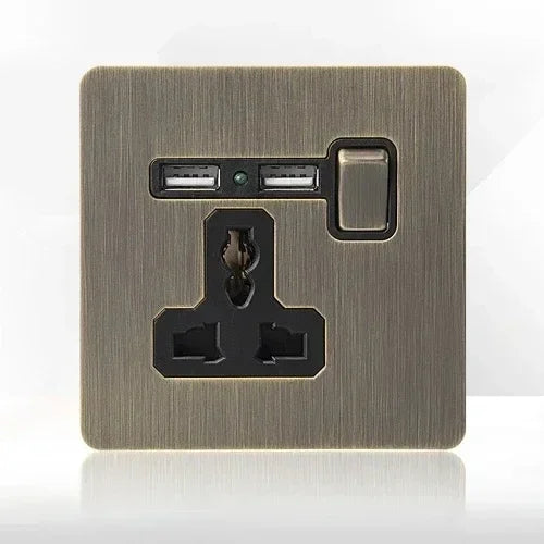 Retro EU FR Metal Panel Wall Toggle Light Switch Socket plug,Bronzed Antique Stainless Steel German 16A Socket with USB Charging