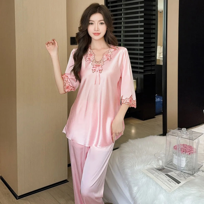 Elegant Two-piece Set Long-sleeved Trousers Pajamas Summer Sleepwear Woman Nightwear Solid Color Home Wear Sexy Pijama Pyjamas