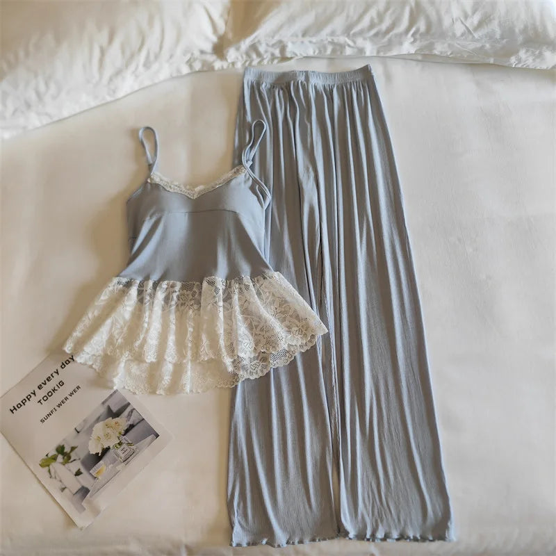 Thin Women's Pajamas Chest Pad Sleeveless Tops and Long Pants Sleepwear 2 Piece Home Clothes Comfortable Loungewear Pijama Suit