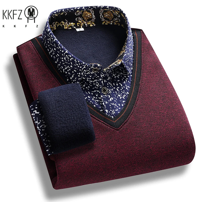 V Neck Piping Detail Fake Two Piece Shirt Men Fleece Lined Printed Collar Long Sleeve Travel and Family Gathering Wear