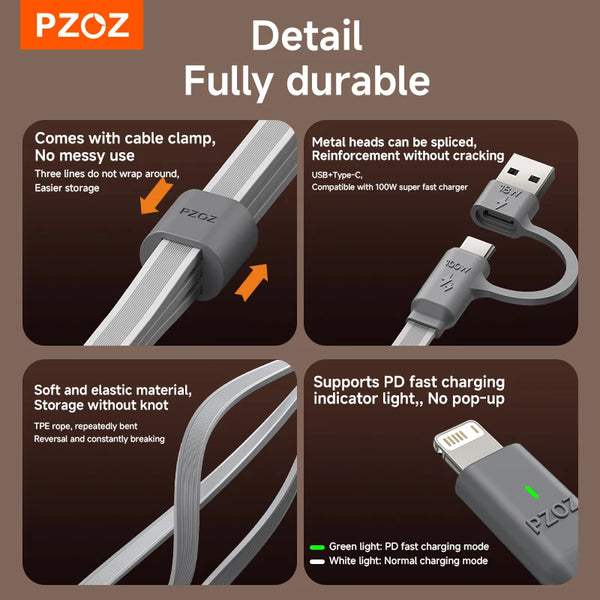 PZOZ For 3 in 1 charger fast charging cable usb c to type c micro lightning iPhone iPad MacBook Samsung Huawei led display cable