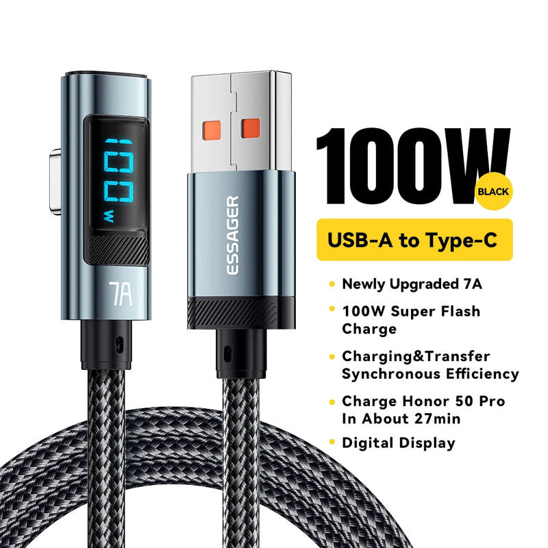 ខ្សែសាក Essager 100W USB Type C 90° LED Digital Display Cable 5A PD Fast Charging សម្រាប់ iPhone 16 15 Huawei Xiaomi Samsung MacBook