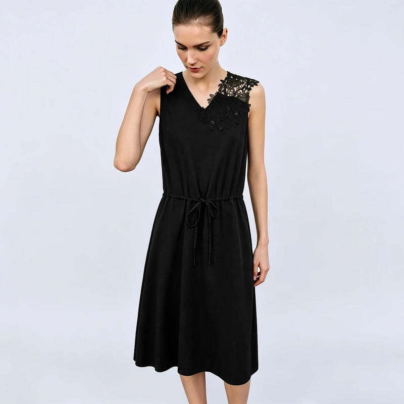 Amii Dress Woman 2026 Summer New V-Neck Drawstring Waist Sleeveless Lace Trim Elegant Office Casual Midi Women's Dress 12642209