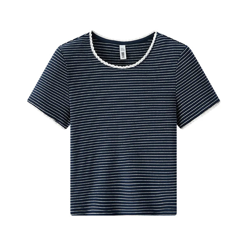 Semir Womens Tshirt 2026 Short Lace Crew Neck Slim Striped Elegant Gentle Casual Soft