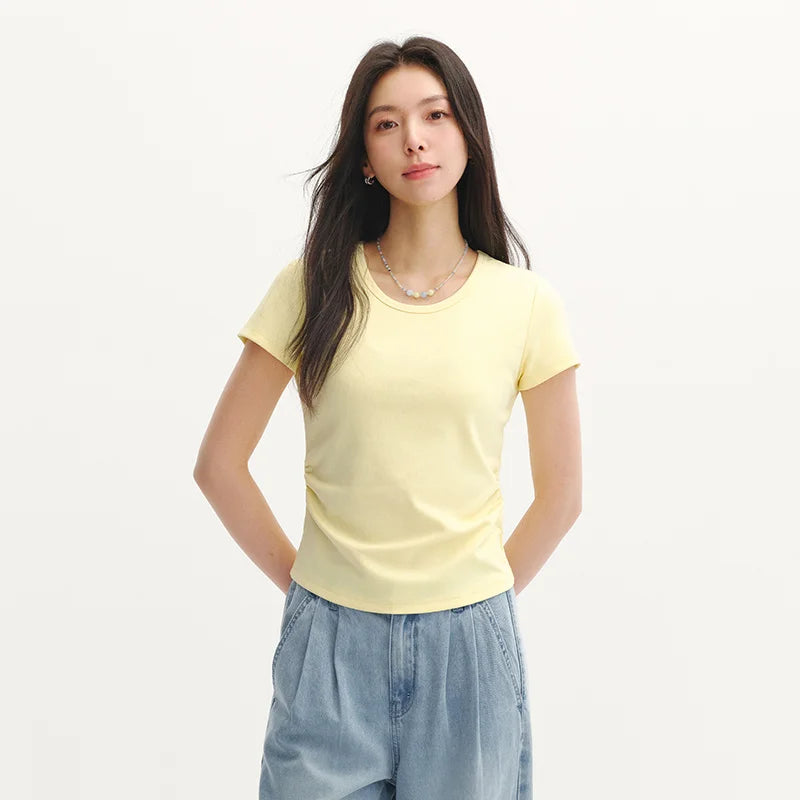 Semir Womens Tshirt 2026 Short U Neck Regular Shoulder Ruched Slim Embroidered Knitted