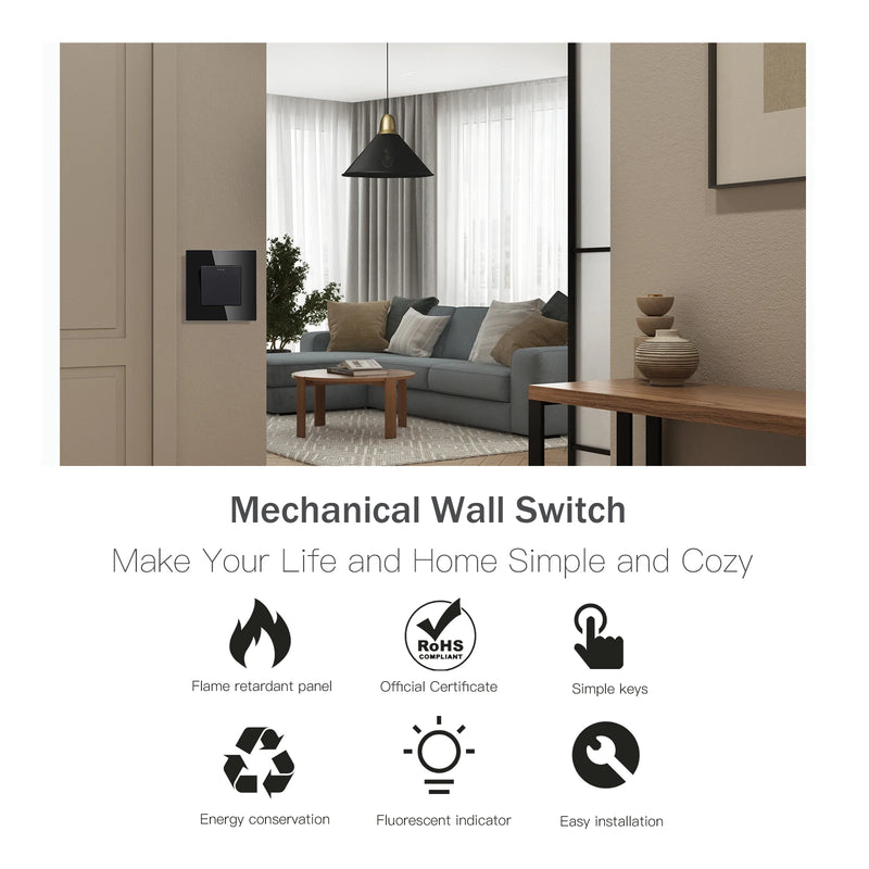 BSEED Mechanical Button Switch 1/2/3Gang 1Way Wall Power Socket USB Type-C Port Glass Frame Wall Switches Home Improvement