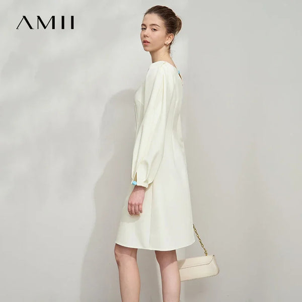 Amii Minimalist Womens Dresses 2026 Autumn New Round Neck Lantern Sleeve Solid Elegant Slim Thin Commute Dresses 12511008
