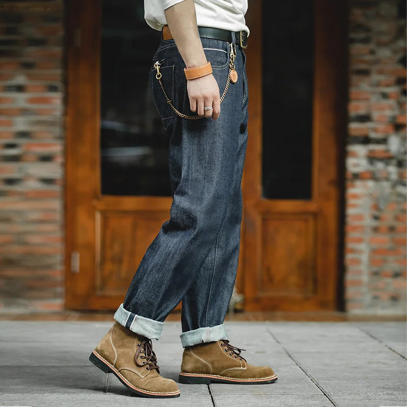 ខោខូវប៊យ Maden Vintage ទំហំ 13.5oz ទម្ងន់ធ្ងន់ លាងសម្អាត ខោត្រង់ចង្កេះមធ្យម ខោខូវប៊យបុរស Indigo Selvedge Raw Denim សម្រាប់រដូវស្លឹកឈើជ្រុះ