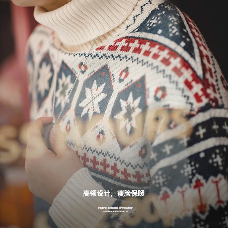 អាវយឺត Maden Vintage Fair Isle ប៉ាក់ពីក្រណាត់ក្តៅសម្រាប់បុណ្យណូអែល អាវយឺតក Turtleneck ប៉ាក់ពីក្រណាត់ក្តៅបែប Barn សម្រាប់រដូវរងារបស់បុរស